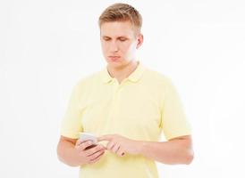 man chating in his device on a white background photo