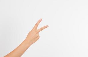 hand showing the sign of victory or peace closeup isolated on white background.Front view. Mock up. Copy space. Template. Blank. photo