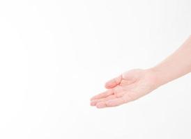 Open man hand hold something, isolated on white, man's palm making gesture while showing small amount of something on white isolated background, side view, close-up, cutout, copy space, photo