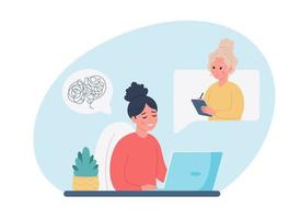 Woman talking with psychologist online. Mental health, online psychologist consultation vector