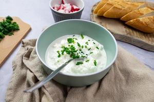 Cottage cheese with chives and radish. Prepare a delicious breakfast. View from above. photo