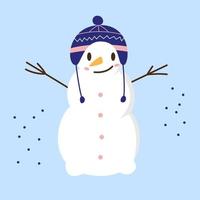 A cute cartoon snowman in a blue hat with earflaps and branches instead of hands stands on a blue background. Vector flat illustration.
