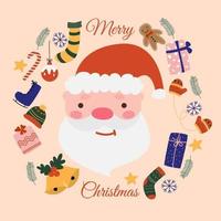 Cartoon Santa Claus face with different accessories to celebrate Merry Christmas or Happy Holidays. Vector flat illustration in vintage style