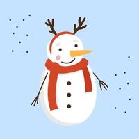A cute cartoon snowman in a red scarf stands in a rim of deer horns on his head. Vector flat illustration.