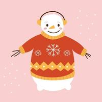 Cute cartoon snowman in a red sweater and earmuffs rejoices in the winter on a pink background. Vector flat illustration.