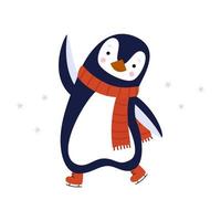 A penguin, wearing a red scarf, skates and flaps his wing. Greeting card or wallpaper vector