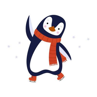 A penguin, wearing a red scarf, skates and flaps his wing. Greeting card or wallpaper