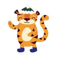 Affectionate cartoon tiger in a green hat. Year of the Tiger and Happy New Year. Vector flat illustration