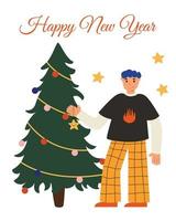 A man decorates a tree with New Year's toys. Congratulation card or screen wallpaper. Vector flat illustration