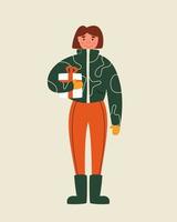 A woman in winter clothes - a down jacket holds a gift box. Postcard with congratulations. Vector flat illustration