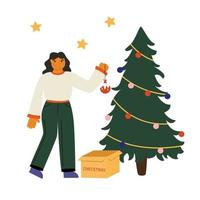 la niña decora el árbol con juguetes de año nuevo. vacaciones de invierno y tradiciones. vector ilustración plana