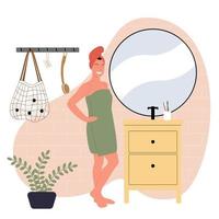 A cheerful girl with a towel on her body and a towel on her hair looks in the mirror and does her morning routine. Taking care of yourself and taking a shower. Vector cute illustration.