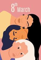 Three friends or sisters with long hair laid their heads on top of each other. Congratulations on March 8 or Women's Day. Greeting card with pink background, wallpaper, template. Vector illustration.