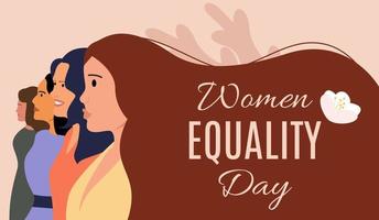 pancarta de felicitación por el día de la igualdad de la mujer. las mujeres de pelo largo luchan por sus derechos. tarjeta de felicitación, banner, plantilla. ilustración vectorial. vector