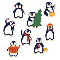 Christmas set of cute blue penguins isolated on white background. Vector flat illustration