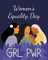 día de la igualdad de la mujer. tres mujeres de diferentes nacionalidades se abrazan juntas sobre un fondo azul. hermandad, apoyo, igualdad. ilustración vectorial, cartel, papel tapiz, motivación. vector