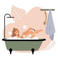 Sonriente niña blanca con cabello rubio toma un baño con pompas de jabón en el baño. baño de burbujas verde. interior lindo hogar. higiene y cuidado corporal. vector