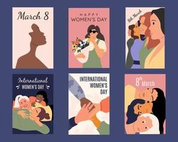 Collection of greeting cards or postcard templates with race women, flowers, feminism girlfriends and happy women's day wishes. Modern festive vector illustration for women's day celebration.