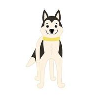 Cute smiling Siberian husky stands isolated on a white background with a signature. Vector flat illustration