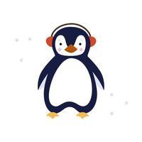 Blue cartoon penguin in headphones isolated on white background. Vector animal illustration