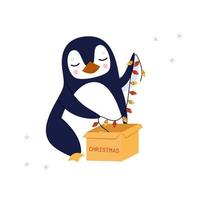 Un pingüino azul saca felizmente una guirnalda navideña de una caja sobre un fondo blanco. vector ilustración de animales