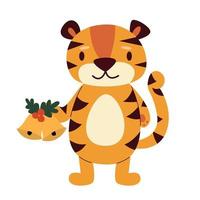 tigre de dibujos animados lindo está parado sobre dos patas, sosteniendo campanas de Navidad, aisladas sobre fondo blanco. año del tigre y feliz año nuevo. vector ilustración plana