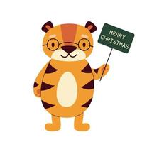 Smart cartoon tiger with glasses holds a sign with congratulations for a Merry Christmas. Year of the Tiger and Happy New Year. Vector flat illustration