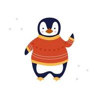 un lindo pingüino se para en un suéter rojo de Navidad y saluda con su ala. vector ilustración plana