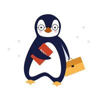 A blue penguin in glasses holds a book and carries a briefcase to study on a white background. Greeting card or wallpaper vector