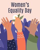 Women Equality Day. Women hands go up and vote for freedom and equality of women on a pink background and calligraphy. Women, Women's Rights, International Women's Day, 8 March. Vector flat