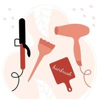 Accessories for hairdresser and beauty salon. Hair dryer, comb, puff, brush on a pink background. Vector flat illustration.