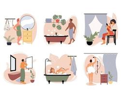 conjunto de ilustraciones vectoriales con personas que realizan la higiene y la rutina diaria del hogar en el baño. autocuidado, amor propio, cuidado del cuerpo. ilustración vectorial plana. vector