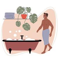 A peppy man in a towel is planning to take a bath with soap bubbles. A blue towel on the man's thighs. Self-care and relaxation. Evening routine in the bathroom. Vector flat illustration.