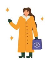 una mujer con un abrigo naranja sostiene una bolsa de regalo con un copo de nieve. vector ilustración plana