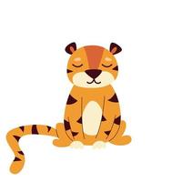 Cute sleepy cartoon tiger sits on four legs, isolated on a white background. Year of the Tiger and Happy New Year. Vector flat illustration