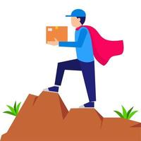 delivery man up hill to deliver package box. vector illustration