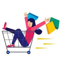 happy girl shopper character riding sitting in trolley cart. season sales, discount. Vector illustration.