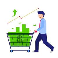 Businessman pushing a trolley filled with lots of money. success. vector illustration