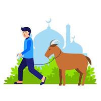 eid al adha mubarak la celebración del festival de la comunidad musulmana. con un musulmán trae una cabra para qurban vector