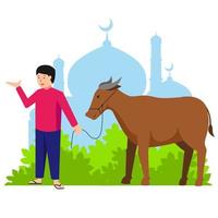 Eid Al Adha Mubarak the celebration of Muslim community festival. with a Muslim bring a cow for qurban vector