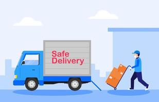 Safe delivery concept, delivery man  pushing a hand truck with boxes. Vector illustration in flat style