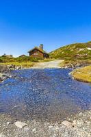 River and cottages huts Vavatn lake panorama landscape Hemsedal Norway. photo