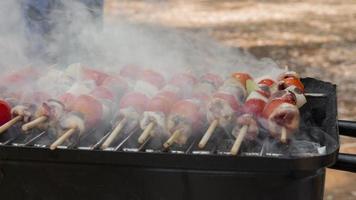 cinemagraph van rook die vrijkomt bij het koken van kippenharten met tomaat en ui op een hete bbq-grill video