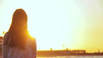 vue arrière d'une fille méconnaissable insouciante bénéficie d'une belle vue sur un coucher de soleil exotique video