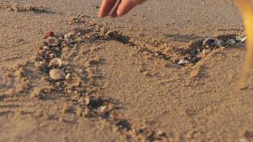 Carefree unrecognizable girl places seashells in a drawn heart shape on wet sand at exotic sunset video