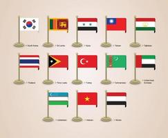 Vector graphic illustration of the flags of Asian countries with poles