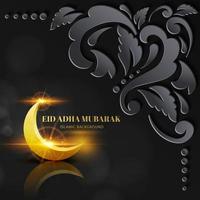 Eid adha mubarak greeting card black gold with crescent and texture floral pattern islamic design
