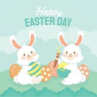 Fluffy Chubby Rabbit Painting Easter Eggs vector