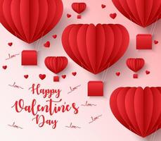 Happy valentines day greetings card design with paper cut heart shape flying balloon vector