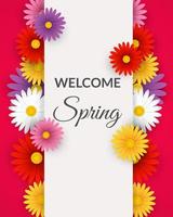 Welcome spring background with colorful flowers and white frame vector